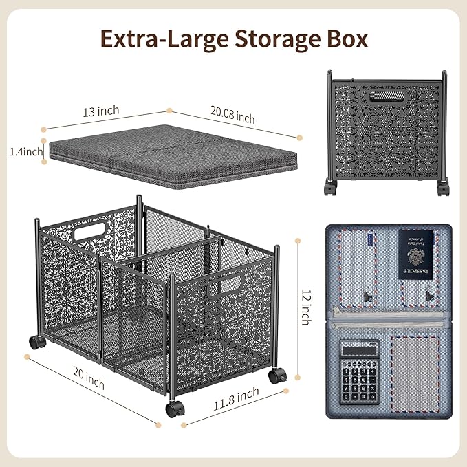 File Organizer Box, Large File Box for Hanging Letter/Legal Size File, File Folder Storage Box with Wheels, Decorative File Box for Office/Decor/Home, Metal (2 Pack)