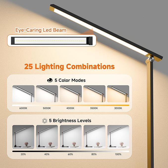 ShineTech LED Desk Lamp for Home Office, Dimmable Desk Light with USB C Charging, 25 Modes Brightness and Colors, Eye Caring Foldable Reading Light, Table Lamp for Study Nightstand