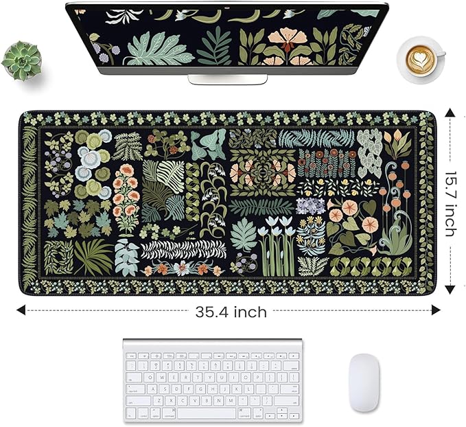 HAOCOO Black XXL Mouse Pad, Floral Desk Mat for Keyboard and Mouse, Vintage Keyboard Mat with Non-Slip Rubber Base, Water-Resistant Desk Pad Mat with Stitched Edges for Office