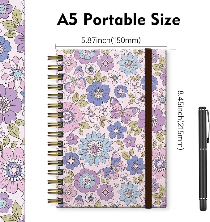 Spiral Journal Notebook,Strong TwinWire Binding with Premium Paper for Girl Women,Cool Funny 120 Pages,100gsm A5 College Ruled NotebookJournal,Perfect for Gifts Nurse Teacher Women(Cute Purple Flower)