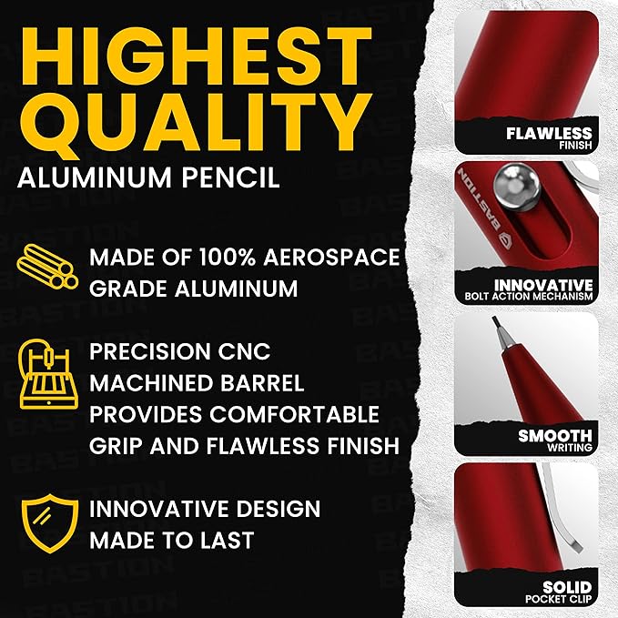 BASTION® Luxury Mechanical Pencil, Professional Lightweight Medium Point Aluminum Pencil for Birthday Gift includes 20 x 0.77mm Lead Refills - Red
