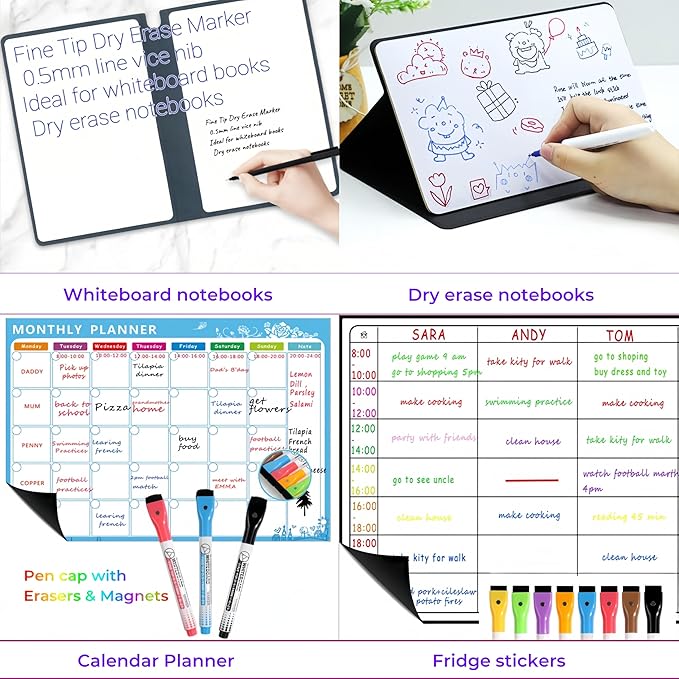 Dry Erase Markers Fine Tip,0.5mm Ultra Fine Dry Erase Markers,10 Colors Whiteboard Markers with Magnetic Eraser,Small Font Writing for Calendar Notebook Note Padg (Multicolor)