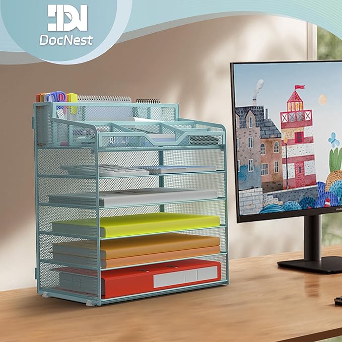 Docnest 6 Tier Mesh Desk Organizer for Paper Office Supplies – Multi-Functional Letter Tray with 5 Adjustable Compartments, 3 Pen Holders, Desktop Storage for Files, Mail, Stationery – Blue