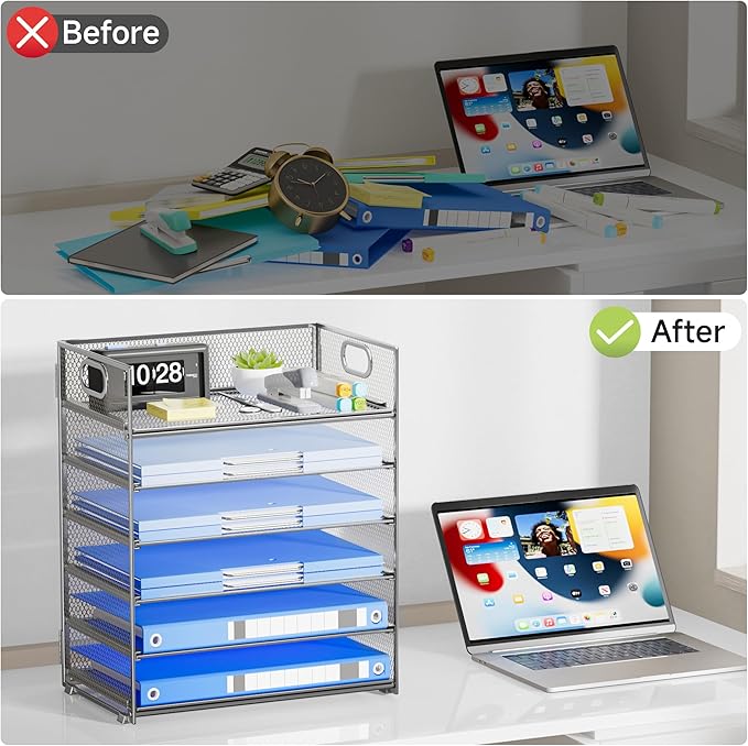 6 Tier Paper Organizer for Desk File Organizer with Handle Mesh Paper Letter Tray Organization for Desktop Document Holder for Office, Home & School-Silver