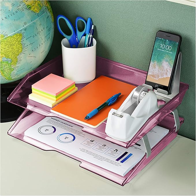 Acrimet Facility 2 Tier Letter Tray, Side Load, Letter Size/A4, Desktop File Organizer, Plastic (Clear Pink Color)