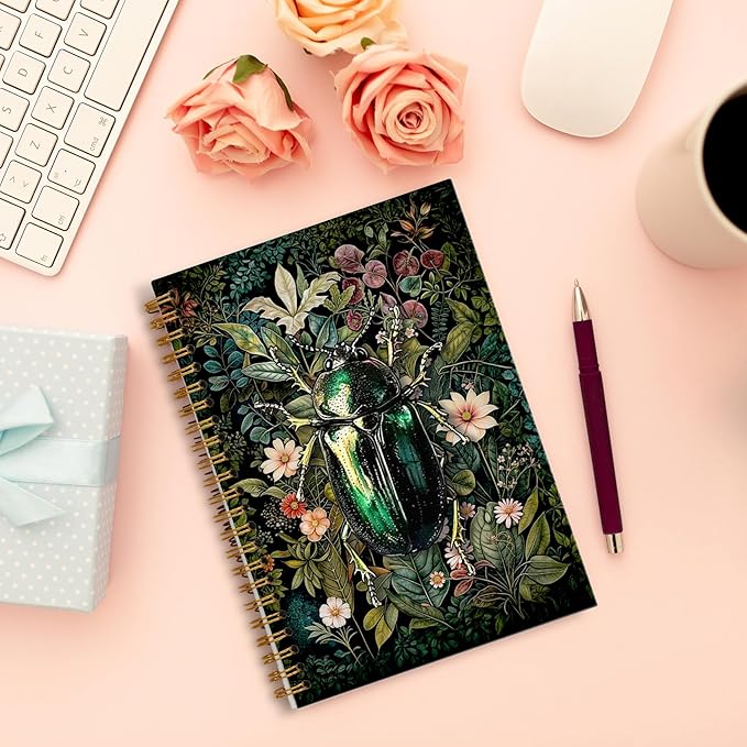 Vintage Floral Beetle Notebook, Retro Moody Wildflower Insect Journal, Dark Cottagecore Botanical Journal for Writing, Rustic Floral Spiral Notebook 5.5x8.3 Inch