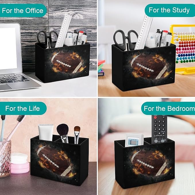 Pen Holder, Pencil Holder for Desk Organizer, America Football Fire PU Leather Pencil Cups Desktop Stationery Storage Makeup Brush Holder Pen Organizer for Office Home