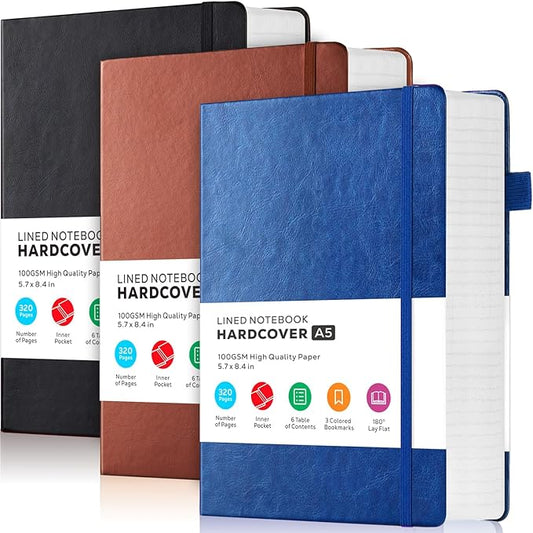 3 Pack Journal Notebook, 320 Pages A5 Lined Notebook Journal Set for Work Writing, Hardcover Leather Bound Notebooks Bulk for Women Men Office School, 5.7'' X 8.4'', Multicolor
