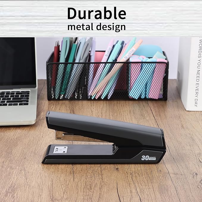 Metal Stapler with 830 Staples, Office Stapler, Staplers for Desk, 25-30 Sheet Capacity, Non-Slip, Black