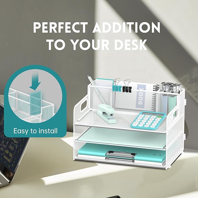 SUPEASY 3 Tier Desk Organizer with Handle & 3 Pen Holders, Mesh Paper/File Organizer for Desk, Paper Letter Tray Organizer for Office Supplies (White), 1 Pack, 3CST-3PH