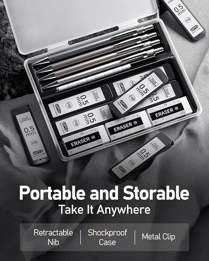 Four Candies 0.5mm Mechanical Pencil Set with Case - 4PCS Metal Mechanical Pencils, 8 Tubes HB #2 Lead Refills, 3PCS 4B Erasers and 9PCS Eraser Refills, Lead Mechanical Pencils for Writing & Drawing