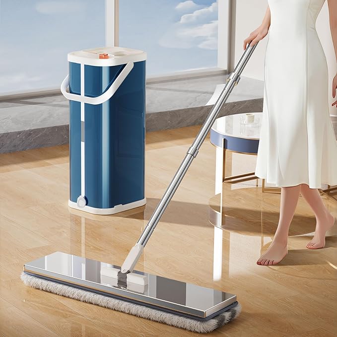 SWIFTIRON Separates Dirty Water Mop, Flat Mop and Bucket for Home with 4 Extra Refills, Stainless Steel Mop and Bucket with Wringer (Blue)