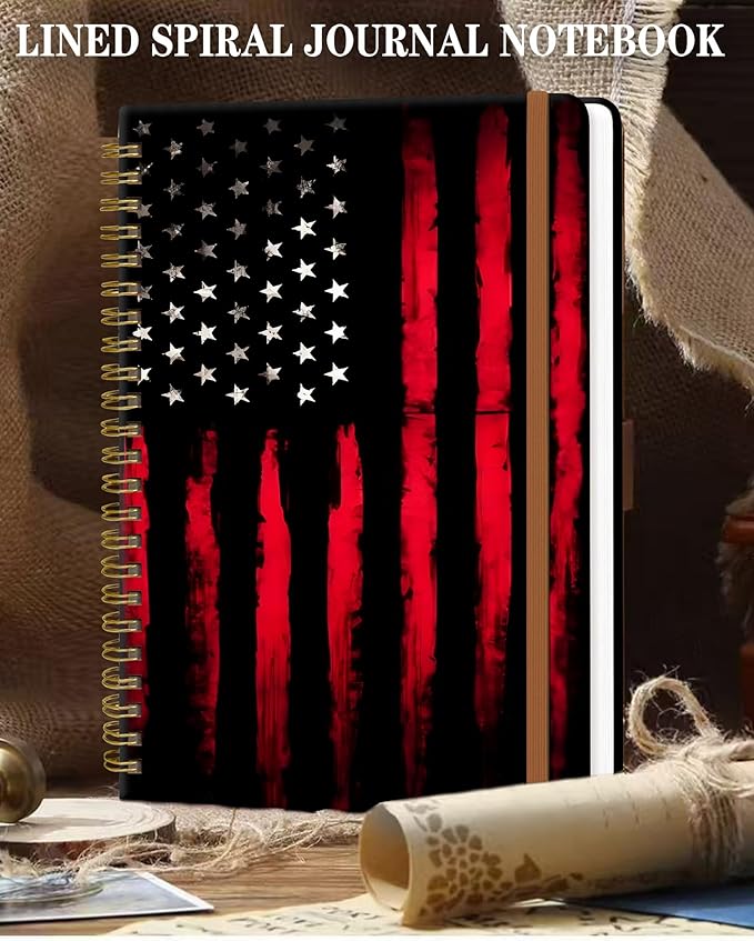 Spiral Journal Notebook for Women, Hardcover A5 College Ruled Notebook, 60 Sheet, Thick Paper, Cute Lined Journal for School, Office & Work, 6 x 8.4 in(Black Red American Flag)
