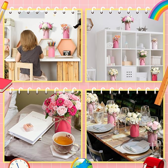 Domensi 6 Pcs Pink Pen Holder Cup for Desk Pencil Holder Marker Pen Metal Organizer Wedding Table Centerpiece Small Galvanized Metal Tin Vases for Artificial Flowers Office Stationery Storage