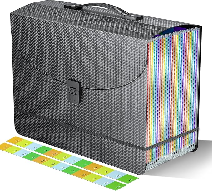 Expanding File Folders,Accordion File Organizer,25 Pockets Expandable File Folder with Plastic Handle,Portable Filing Box,Monthly Bill Receipt Paper and Document Organizer,Colored Tabs,A4/Letter Size