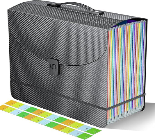 Expanding File Folders,Accordion File Organizer,25 Pockets Expandable File Folder with Plastic Handle,Portable Filing Box,Monthly Bill Receipt Paper and Document Organizer,Colored Tabs,A4/Letter Size