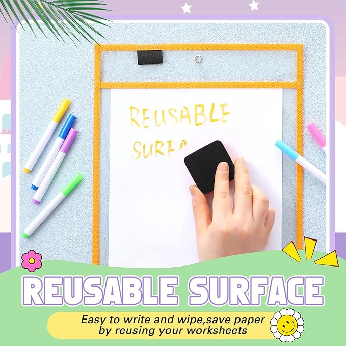 24 Pack Dry Erase Pocket Reusable Sleeves 10" x 14" Clear Plastic Sheet Protectors with Dry Erase Markers and Mini Sleeves Paper Teacher Supplies(Oh Happy Day Color)