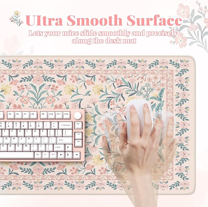 HAOCOO Desk Matt for Desktop, Cute Desktop Pad for Keyboard and Mouse,Non-Slip Pink Keyboard Mat for Computer, Floral Mouse Pad with Stitched Edge, Large Mouse Pad for Office Aesthetics