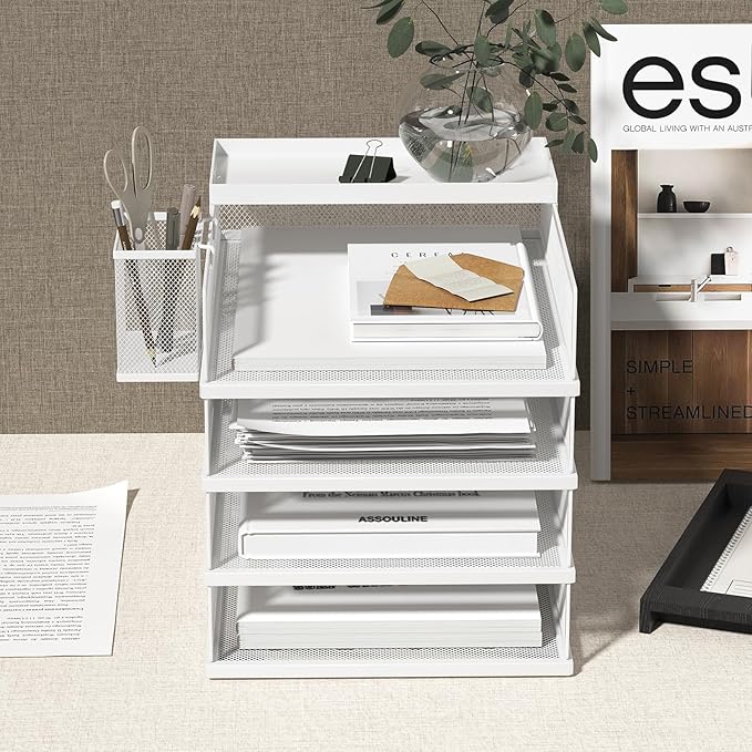 Stackable Letter Trays, 4 Tier Metal Paper Tray & Desk Organizer, Stackable File Trays for Office & Home, Multi-Functional Document Tray with Fine Grid Design & Magnetic Labels,White