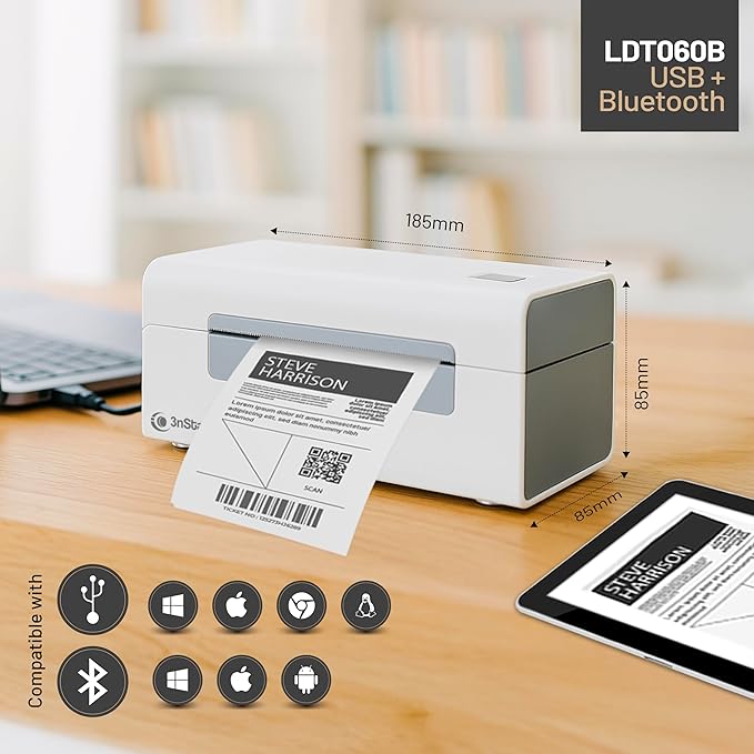 3nStar Direct Thermal Printer for Shipping Labels | 4x6 Product Labels | USB & Bluetooth | Wireless, Compact, Portable | Home & Business | LDT060B