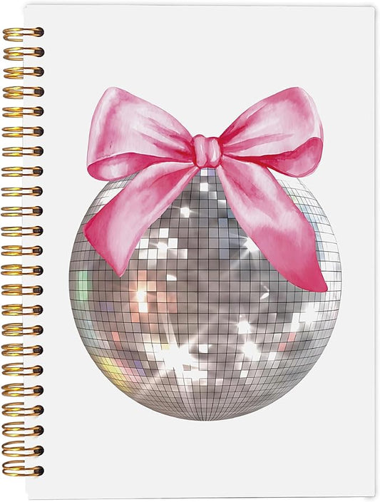 Pink Bow Coquette Notebook Journal, Trendy Preppy Pink Bow Disco Ball Notebook Journal,Pink Girly Notebook,Trendy Preppy Journal Notebook,Pink Office Supplies, Spiral Notebook 5.5x8.3 Inch