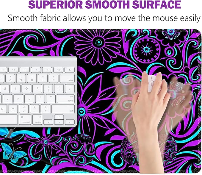 ARTSO Purple Desk Mat, Large Gaming Mouse Pad with Wrist Rest, Flower Butterfly XXL Mousepad+Keyboard Wrist Rest+Mouse Pad Wrist Support+Coaster Set for Home Office Accessories