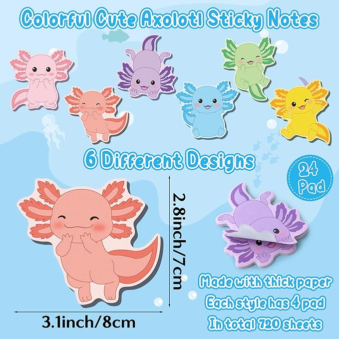 72pcs Cute Axolotl Sticky Notes & Pens & Ribbons Set, Colorful Axolotl Theme Pastel Notepad, Self-Stick Memo Pad for Teacher Birthday Gift Office Classroom Back to School Party Favor Supplies