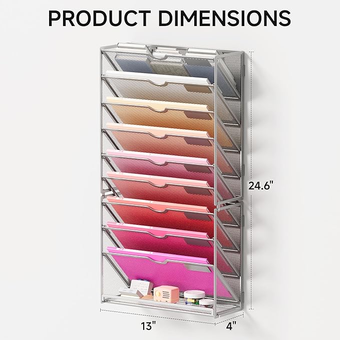 Lavatino 10-Tier Hanging Wall File Folders Organizer - Silver Metal Mesh Paper Magazine Document Mail Holder File Organizer for Office School Home Wall Mount or Desk Supplies Organization