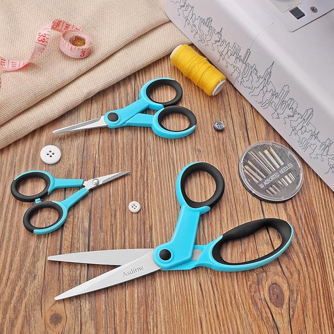 Fabric Scissors Set - Sharp Stainless Steel Blade and Soft Handles, Sewing, Craft and Embroidery Scissors, 3PCs, Blue/Black