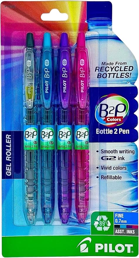 PILOT B2P Colors (New 2020! in retail packaging) - Bottle to Pen Refillable & Retractable Rolling Ball Gel Pen Made From Recycled Bottles, Fine Point, Color G2 Inks, 4-Pack