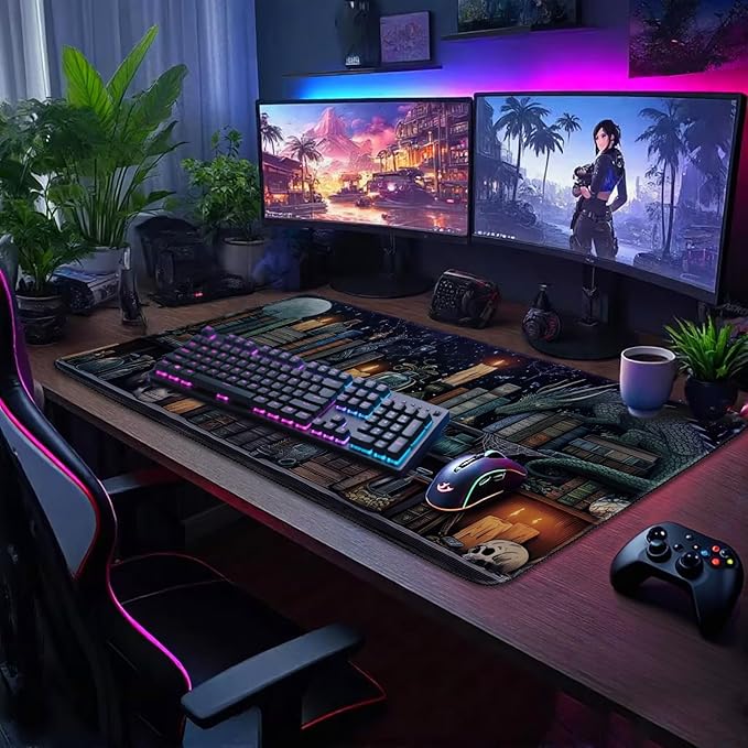 Mystical Gothic Library Large Gaming Mouse Pad 31.5"x15.7"｜ Vintage Book-Themed XXL Desk Mat, Non-Slip Rubber Base & Stitched Edges - Extended Mousepad for PC/Laptop/Office/Home Decor