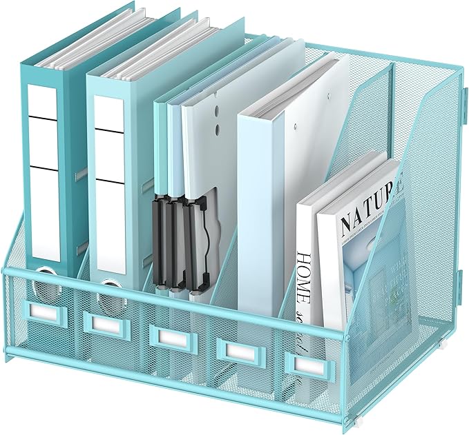 DALTACK Desk Organizers Metal Magazine File Holder with 5 Vertical Compartments Folder Storage Binder Organizer for Office Home School Organization, Blue Plus