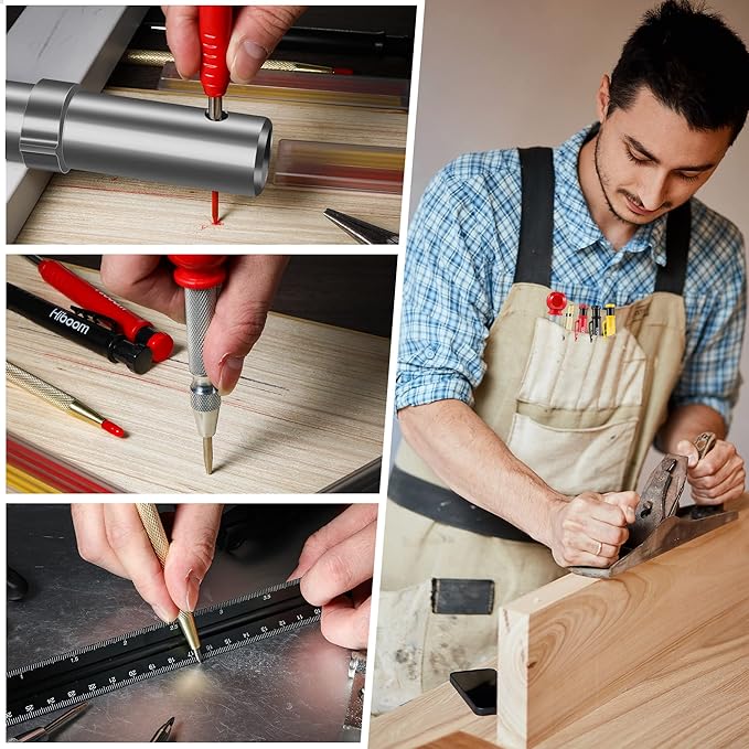 Hiboom 10 Pack Carpenter Pencils Mechanical Set, Construction Pencils with 36 Refill, Automatic Center Punch and Carbide Scribe Tool, Mechanical Pencil for Woodworking, Best Carpenters Marking Tool