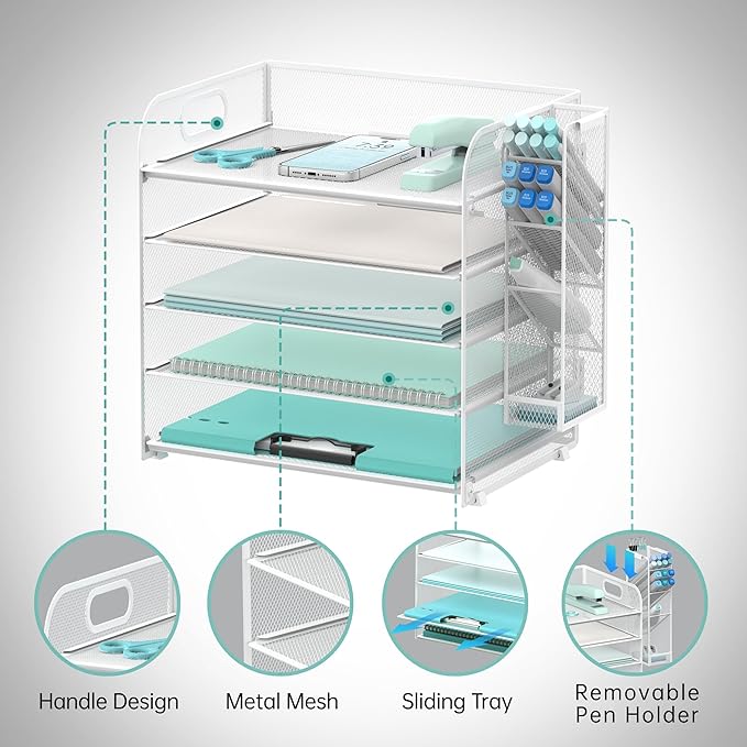 SUPEASY 5 Tier Desk Organizer with Handle & Removable Pen Holders, Mesh Paper/File Organizer for Desk, Paper Letter Tray Organizer for Office Supplies (White)