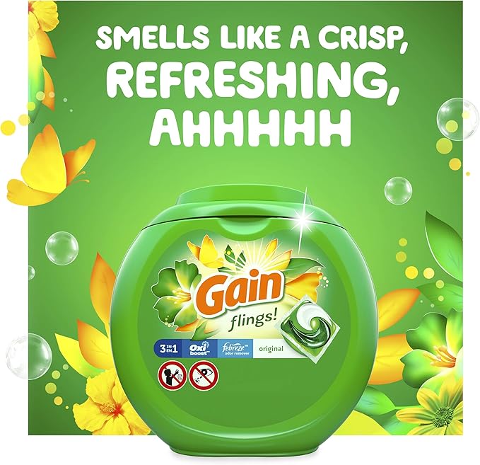 Gain flings! Liquid Laundry Detergent Soap Pacs, HE Compatible, 3 Bag Value Pack, 111 Count, Long Lasting Scent, Original Scent
