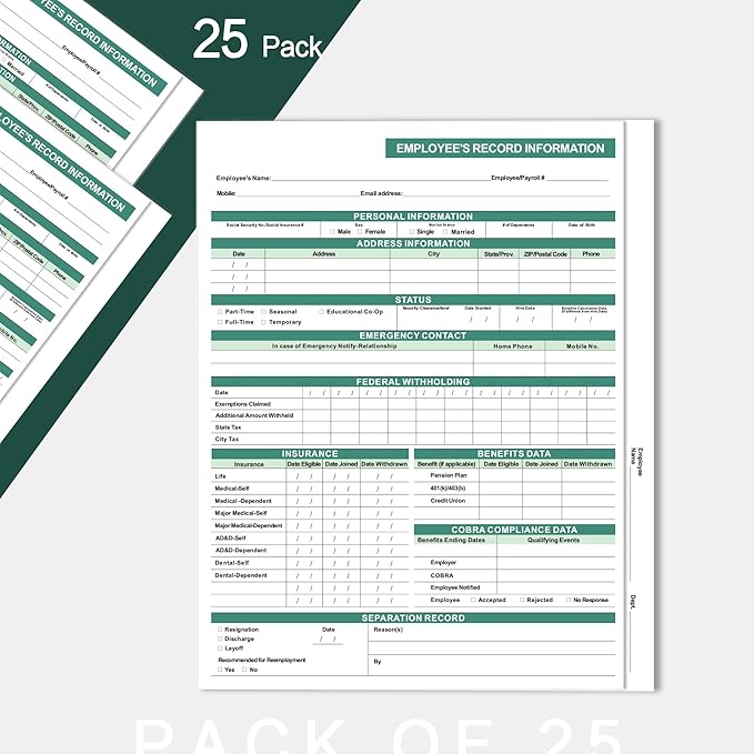 Employee Personnel File Folders (25 Pack), 9.5 * 11.5inch, 2 Inner Pockets, for Letter Size Paper, Storage of Employee Records and Forms, Confidential&Secure, Large Capacity, Convenient and Practical