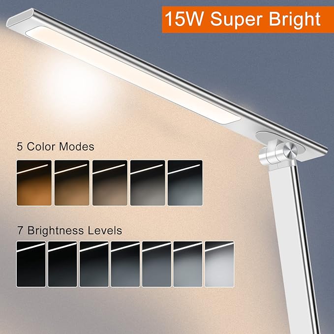 AFROG 5th Gen Multifunctional LED Desk Lamp with 10W Fast Wireless Charger, USB Charging Port,1800Lux Super Bright,5 Lighting Mode,7 Brightness, Touch Control, Auto Timer, 15W Office Table Lamp