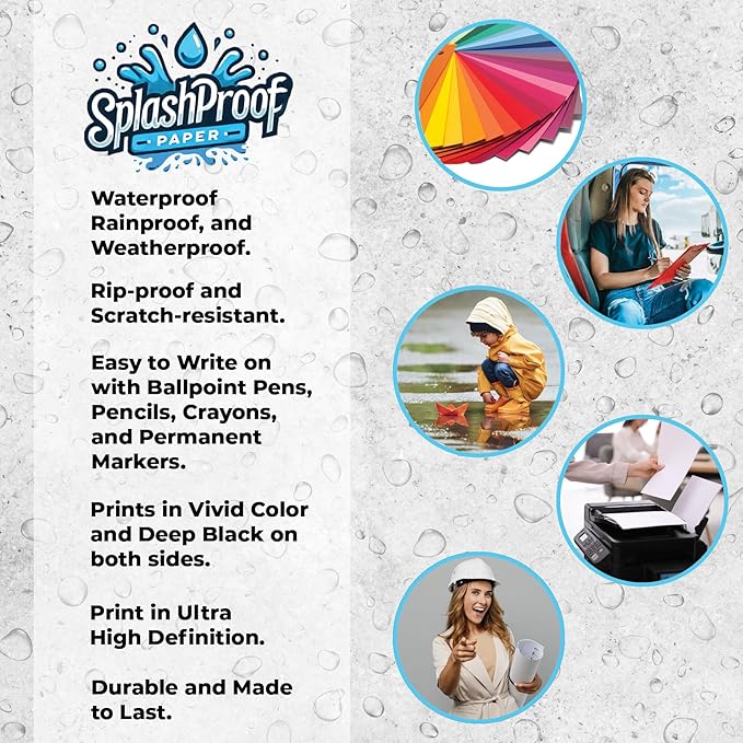 Printer Paper - 8.5" x 11", 10 Mil Waterproof Paper, Laser Printer & Copy Machine Compatible (50 Sheets)