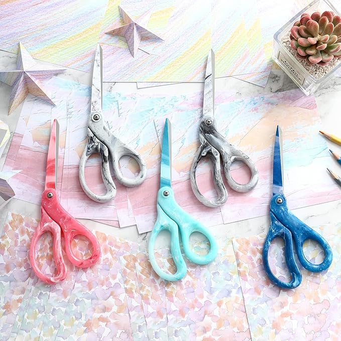 LIVINGO 8 Inches Scissors for Office - Sharp Heavy Duty Shears All Purpose for Sewing Crafting Cutting Fabric Paper, Stainless Steel Blade, Smooth Handle, Marble White Color