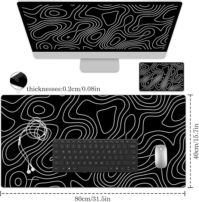 Black Topographic Desk Pad Protector, Stitched Edges Mouse Pad, Large Office Desk Mat, Non-Slip Desk Blotter, Laptop Desk Pad, Desk Writing Pad for Office and Home (31.5" x 15.7 ")