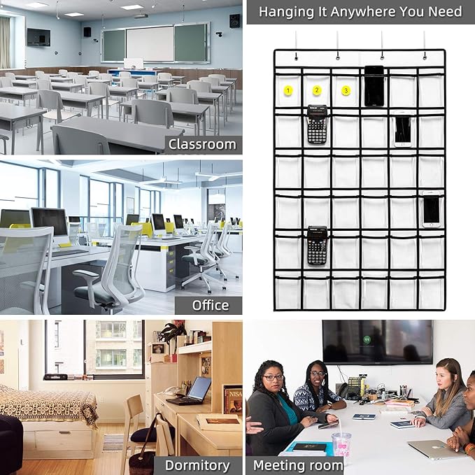 2 Pack 36 Pockets Classroom Pocket Chart for Cell Phone Calculator Holder,Clear Pocket Chart Organizer for Classroom Cellphone Storage with 36 Number Sticker Size:38.5x25.7 Inch (White-2pack)