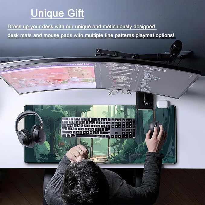 Japanese Green Forest Gaming Mouse Pad Anime Tree Woodland Desk Mat XL Large, Cute Aesthetics Women Office Desk Decor Laptop Computer Keyboard and Mouse Mat with Stitched Edges Matt 31.5''x11.8''