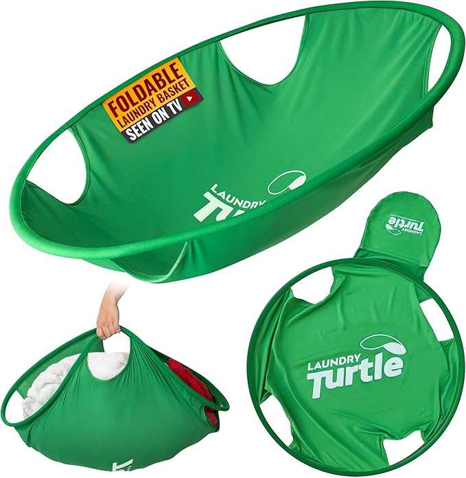 Laundry Turtle Collapsible Laundry Basket | Revolutionary Foldable Laundry Hamper | Innovative Laundry Basket for Dirty Clothes Washing & Dryer Removal Portable Laundry Grabber (Green, Small)