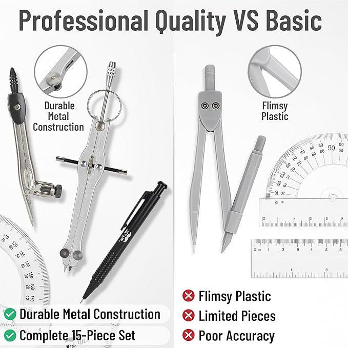 Mr. Pen Geometry Set with 6 Inch Swing Arm Protractor, Divider, Set Squares, Ruler, Compasses and Protractor, 15 Piece Set