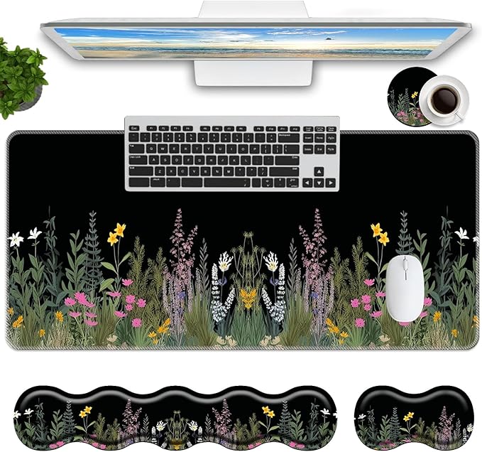 Keyboard Mouse Pad Set,Large Mouse Pad+Keyboard Wrist Rest+Wrist Support+Coaster,31.5x11.8in Extended Desk Mat for Computer Laptop Office Home - Weeds