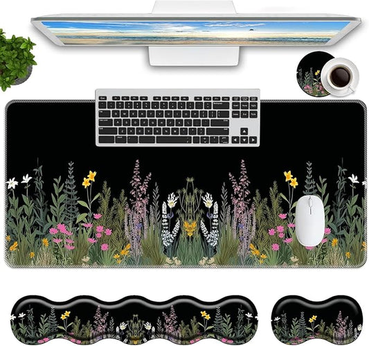 Keyboard Mouse Pad Set,Large Mouse Pad+Keyboard Wrist Rest+Wrist Support+Coaster,31.5x11.8in Extended Desk Mat for Computer Laptop Office Home - Weeds