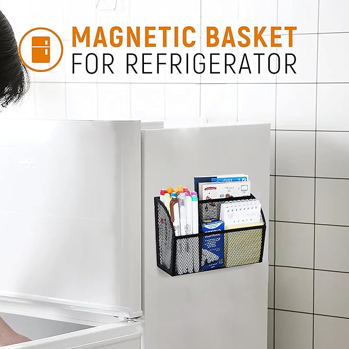 DALTACK Magnetic Pencil Holder Magnetic Shelf for the Whiteboard 3-Grid Mesh Magnetic Pen Holder for Refrigerator Magnetic Organizer Locker Accessories Organizer for Home, School and Office, Black