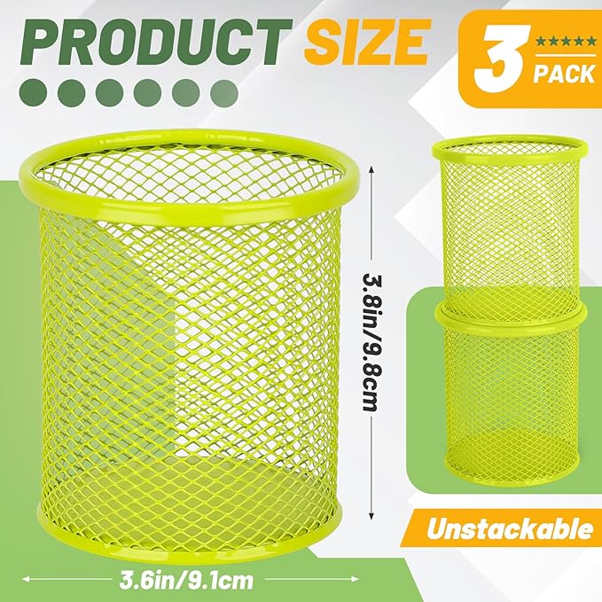 Segarty Pen Holder, 3 Pack Round Light Green Pen Cup Holder, Wire Mesh Marker Pencil Containers Set for Desk, Desktop Accessories Organizer Office Supplies, School, Home, Makeup Brush