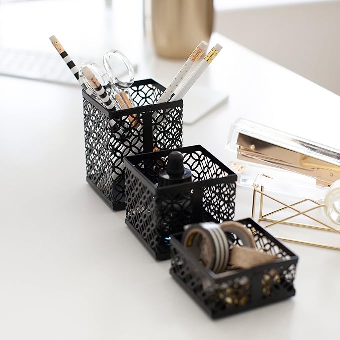 BLU MONACO Black Desk Organizer Set for Women – 6-Piece Interlocking Office Supplies Set, Pen Cup, 3 Accessory Trays & 2 Letter Trays, Black Stackable Paper Tray Holder