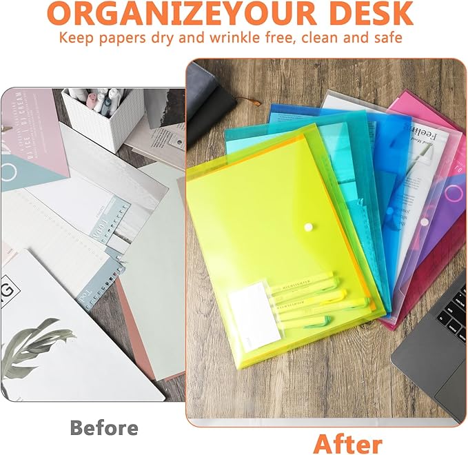 A4 Plastic Folders - Clear Envelopes with Snap Closure - Set of 50, Reusable Document Pouches